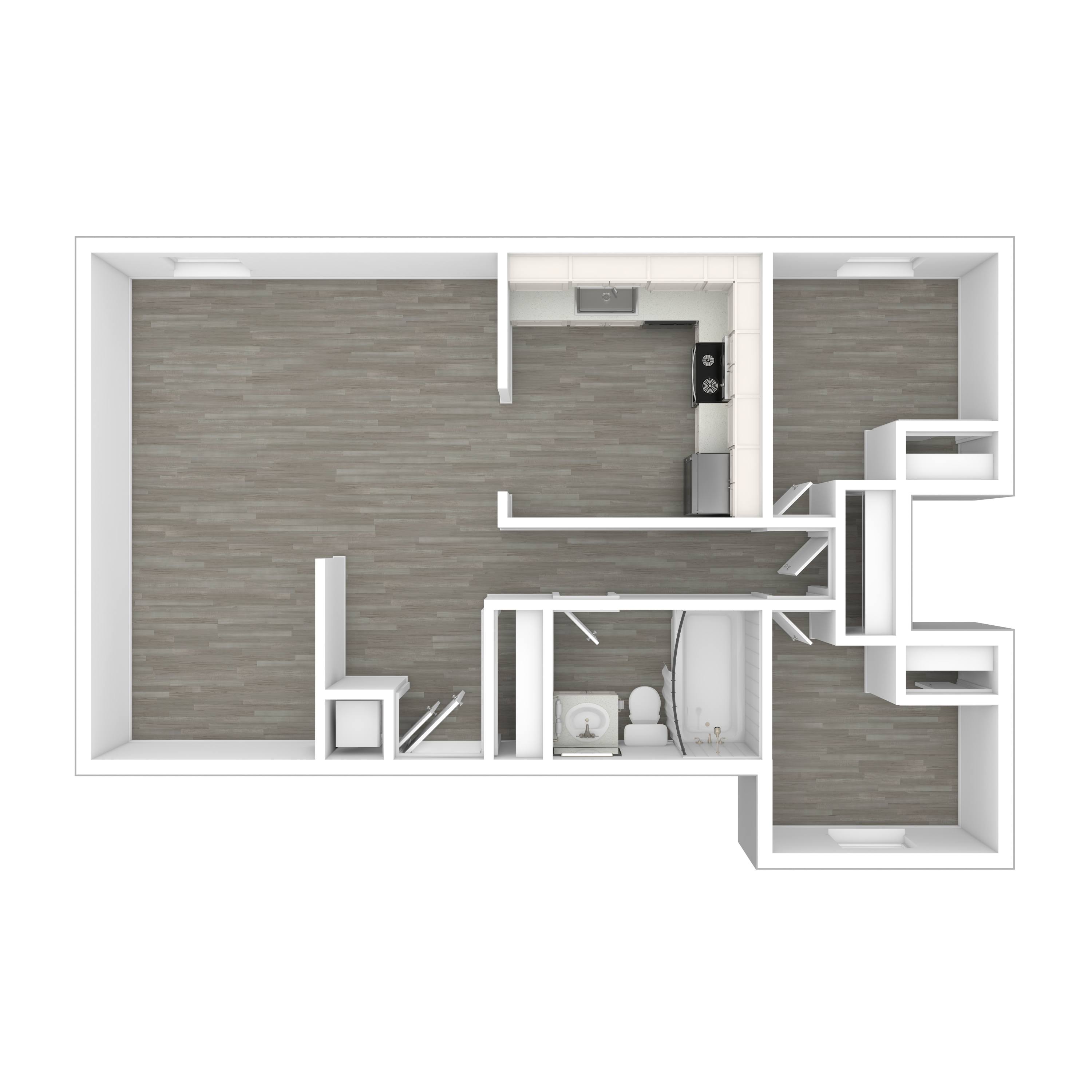A modern apartment layout with a kitchen, living room, and bathroom.
